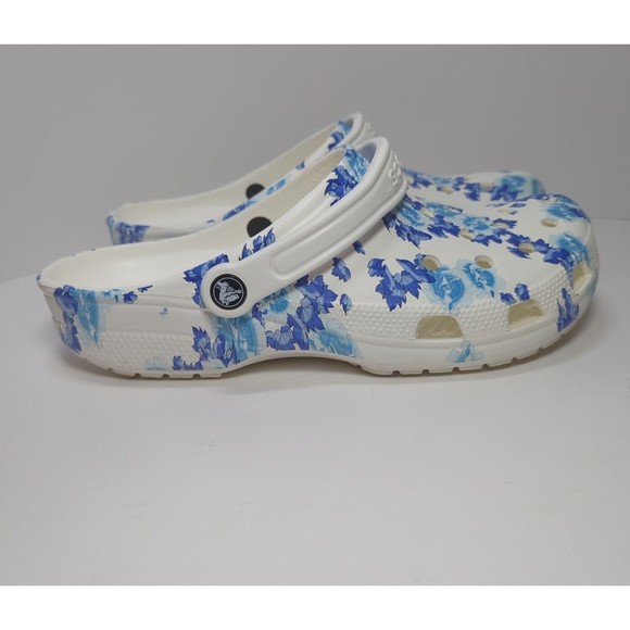 Crocs Men Size 12 Women 14 White Hawaiian Blue Flower Floral Graphic Clog 206376 - Picture 4 of 14